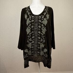 Kyla Seo Embroidered Velvet Tunic Top Women's Large Floral Boho Relaxed Flowy